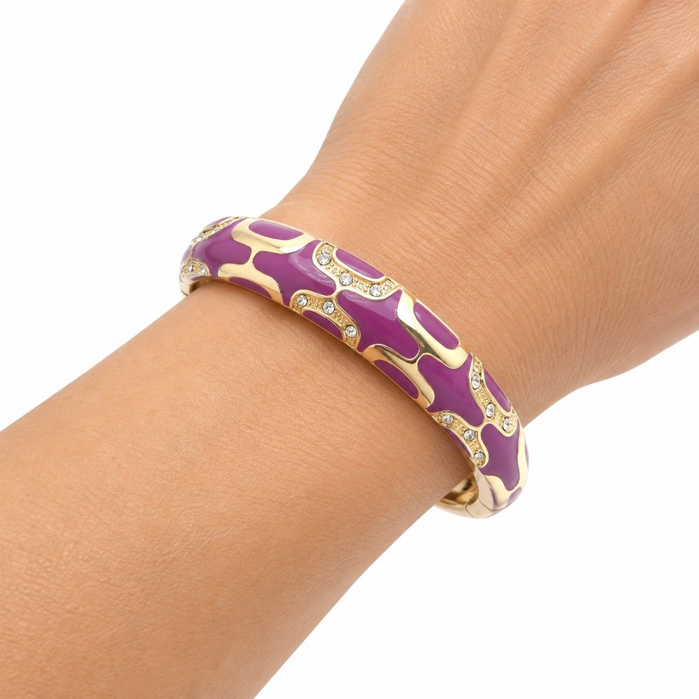Gold Tone Purple Enamel Hinged Bangle Bracelet Rhinestone Accents 7.5 Inch